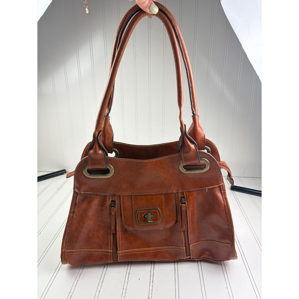 Vintage Y2K Cognac Brown Leather Multi-Pocket Shoulder Bag Satchel Purse - Picture 2 of 12